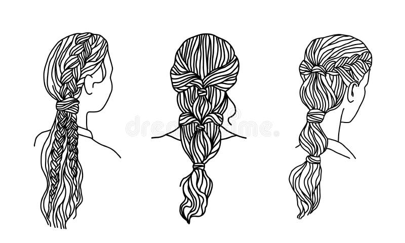 Line art hairstyles set. Female heads with beautifully braided hair. Hand drawn vector illustration. Line art hairstyles set. Female heads with beautifully braided hair. Hand drawn vector illustration