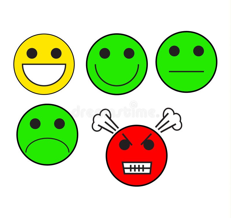A vector cartoon illustration of five moods emotions, cheerful or happy, satisfied, neutral, sad or dissatisfiedm and angry. A vector cartoon illustration of five moods emotions, cheerful or happy, satisfied, neutral, sad or dissatisfiedm and angry.