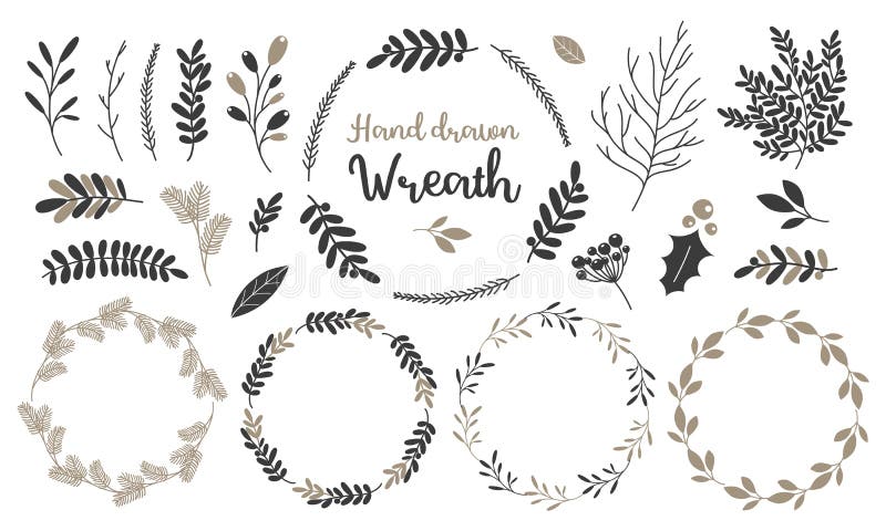 Set of hand drawn wreath and branches. Decorative elements for your design. Vector illustration. Set of hand drawn wreath and branches. Decorative elements for your design. Vector illustration