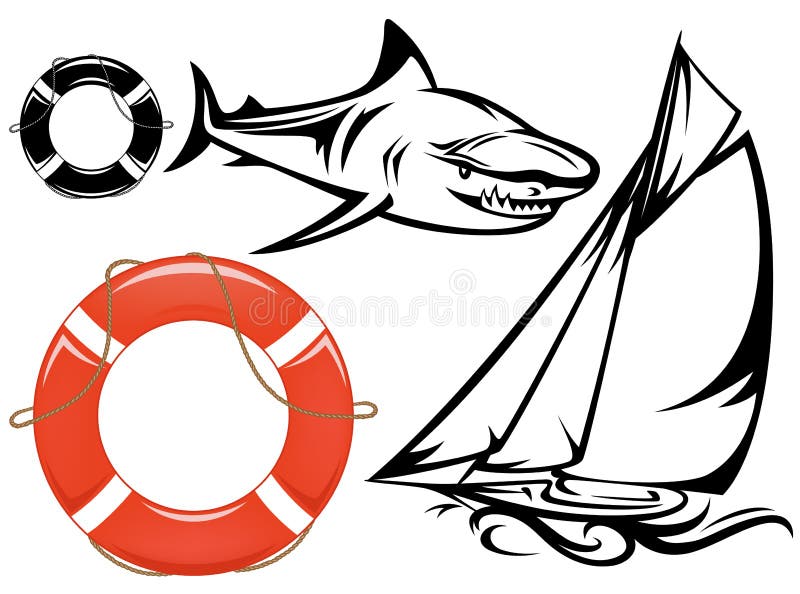 Aggressive shark, yacht and life bouy vector illustration. Aggressive shark, yacht and life bouy vector illustration