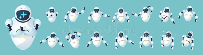 Σύνολο χαρακτήρων μασκότ ρομπότ AI. Χαριτωμένο φουτουριστικό chatbot με διάφορα συναισθήματα. Φιλικοί αστείοι ψηφιακοί βοηθοί απεικόνιση αποθεμάτων