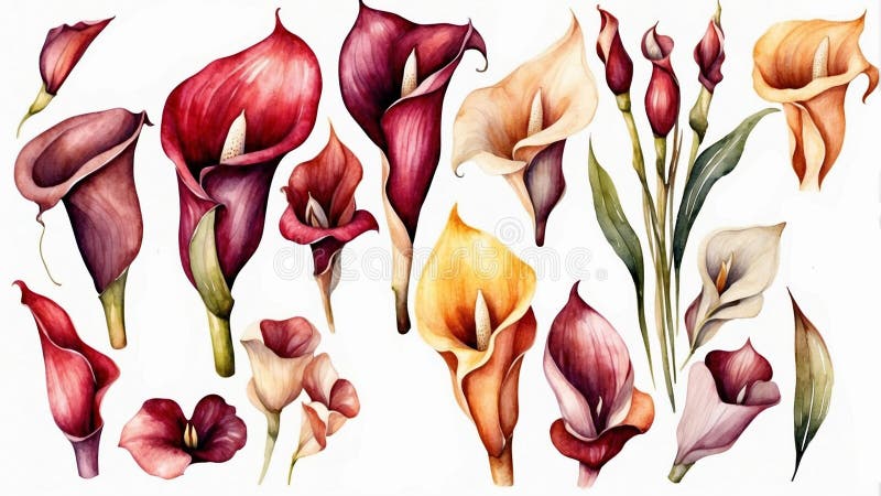 Set of watercolor calla lilly flowers. Burgundy callas, dark red wedding florals,. Set of watercolor calla lilly flowers. Burgundy callas, dark red wedding florals,