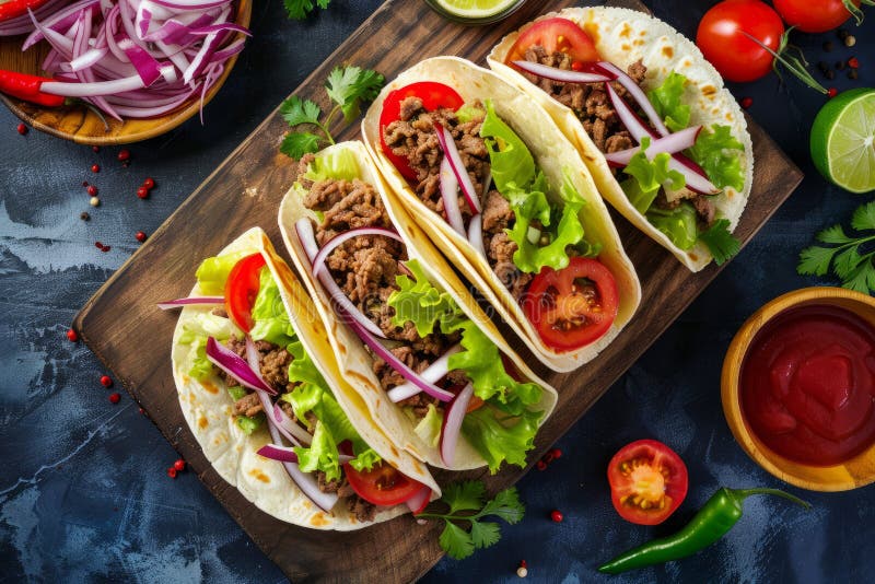 beef tacos with lettuce and tomato on white tortilla on a wooden board. AI generated. beef tacos with lettuce and tomato on white tortilla on a wooden board. AI generated