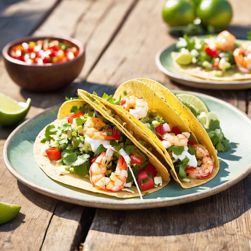 τάκος γαρίδας με pico de gallo σε υπαίθρια αίθουσα ελεύθερη απεικόνιση δικαιώματος