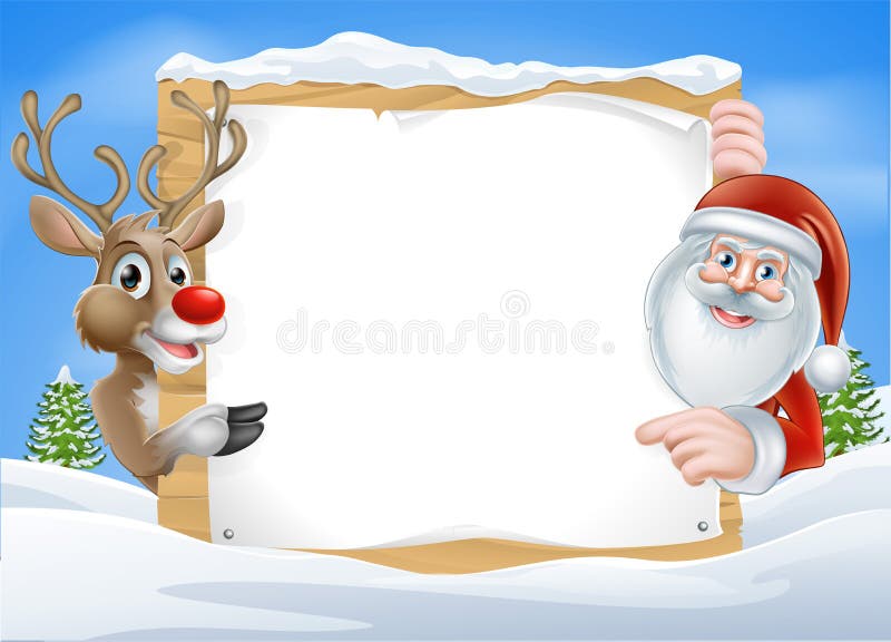 Christmas Reindeer and Santa Sign with cute cartoon Reindeer and Santa pointing at a snow covered sign on a winter landscape. Christmas Reindeer and Santa Sign with cute cartoon Reindeer and Santa pointing at a snow covered sign on a winter landscape