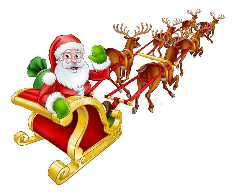 Cartoon Santa Claus and his flying sleigh sled and Christmas reindeer. Cartoon Santa Claus and his flying sleigh sled and Christmas reindeer