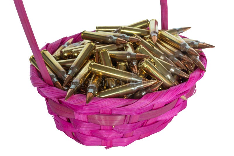 Bright pink Easter basket from the Easter bunny chock full of 5.56 ammo ideal for AR-15 in an isolated studio shot. Bright pink Easter basket from the Easter bunny chock full of 5.56 ammo ideal for AR-15 in an isolated studio shot