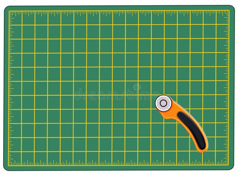 Green mat and rotary cutter for measuring and cutting materials for arts, crafts, sewing, quilting, applique and patchwork. EPS8 in groups for easy editing. Green mat and rotary cutter for measuring and cutting materials for arts, crafts, sewing, quilting, applique and patchwork. EPS8 in groups for easy editing.
