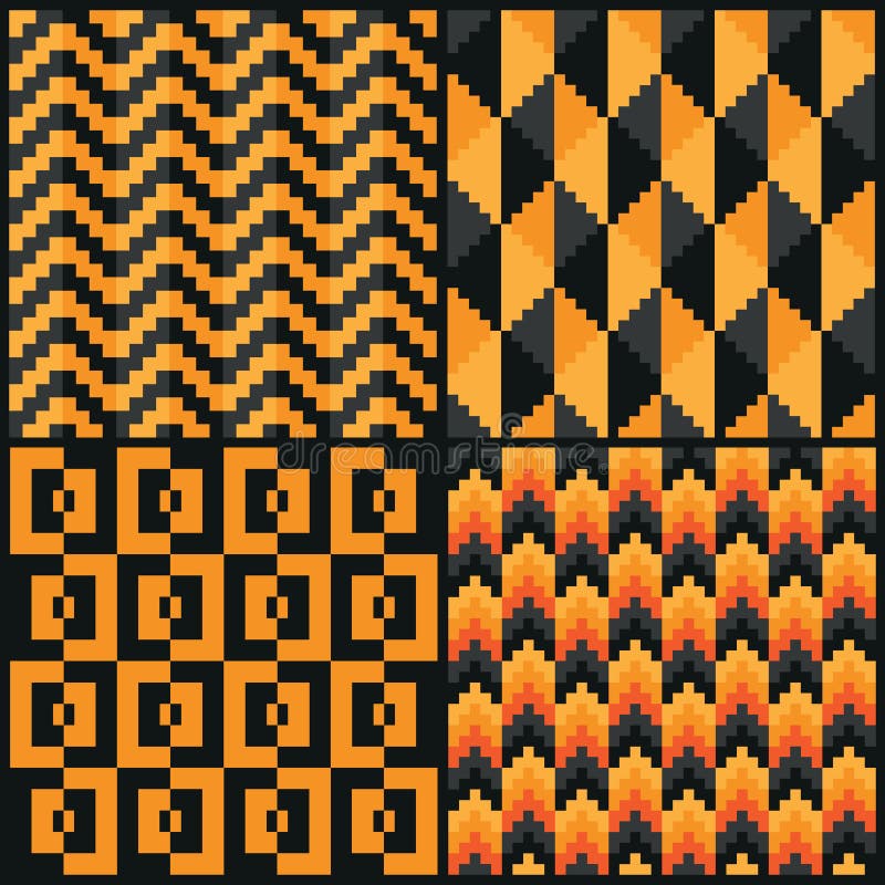 Four Seamless abstract geomatric pixel Halloween patterns, Zigzag, diamond, square and arrow style. Four Seamless abstract geomatric pixel Halloween patterns, Zigzag, diamond, square and arrow style