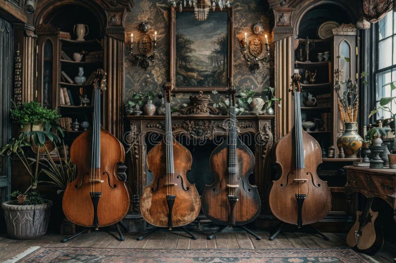 Four double basses, members of the violin family and large string instruments made of wood, are lined up in a room next to a fireplace, creating a cozy atmosphere for their classic music musicians AI generated. Four double basses, members of the violin family and large string instruments made of wood, are lined up in a room next to a fireplace, creating a cozy atmosphere for their classic music musicians AI generated