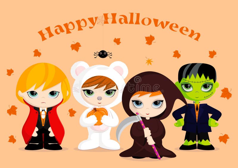 Four cute little kids dressed up in their Halloween costumes. Vector Illustration. Perfect for party invitations. Four cute little kids dressed up in their Halloween costumes. Vector Illustration. Perfect for party invitations