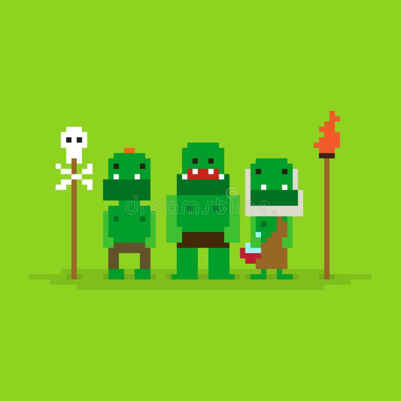 Three pixel art orcs game characters. Three pixel art orcs game characters