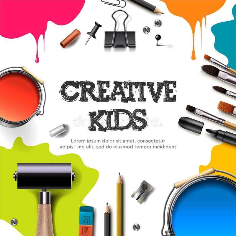 Kids art craft, education, creativity class concept. Banner or poster with white square paper background, hand drawn letters, pencil, brush, paints. Vector illustration. Kids art craft, education, creativity class concept. Banner or poster with white square paper background, hand drawn letters, pencil, brush, paints. Vector illustration