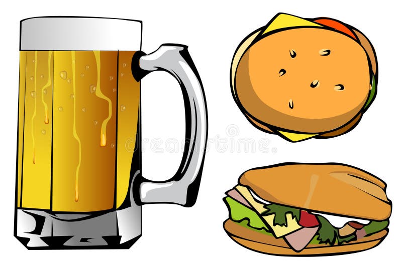 Mug of beer and two burgers on a white background. Mug of beer and two burgers on a white background