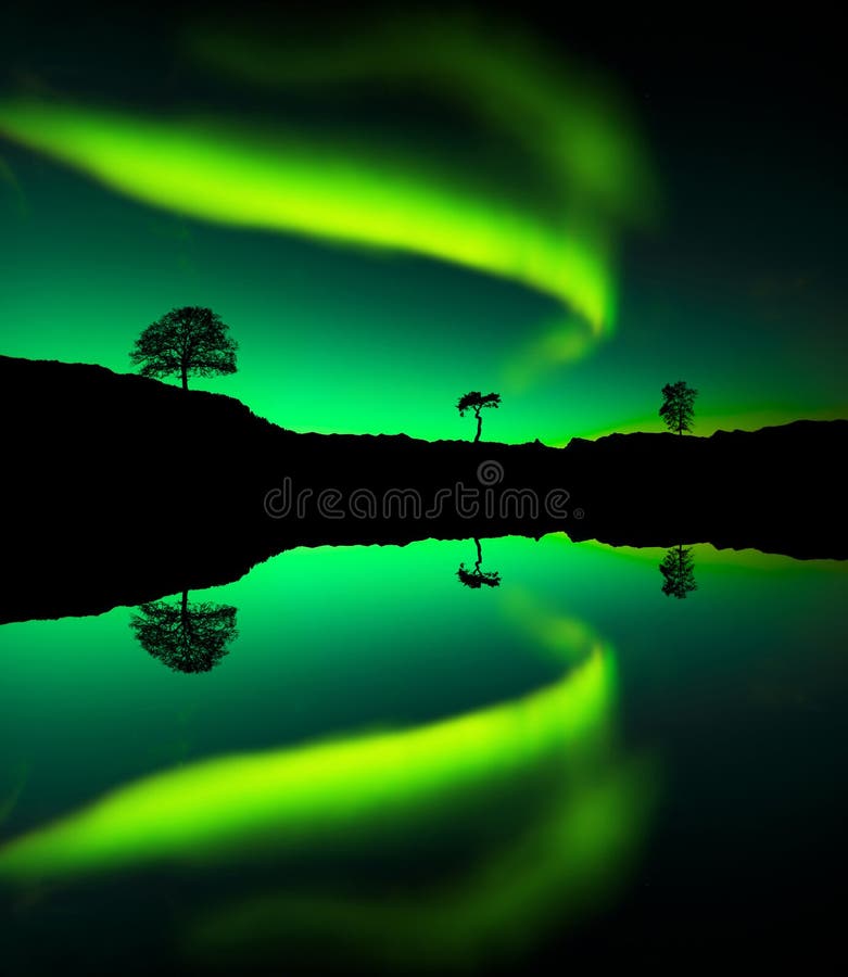 Amazing northern lights reflect on the lake. Amazing northern lights reflect on the lake