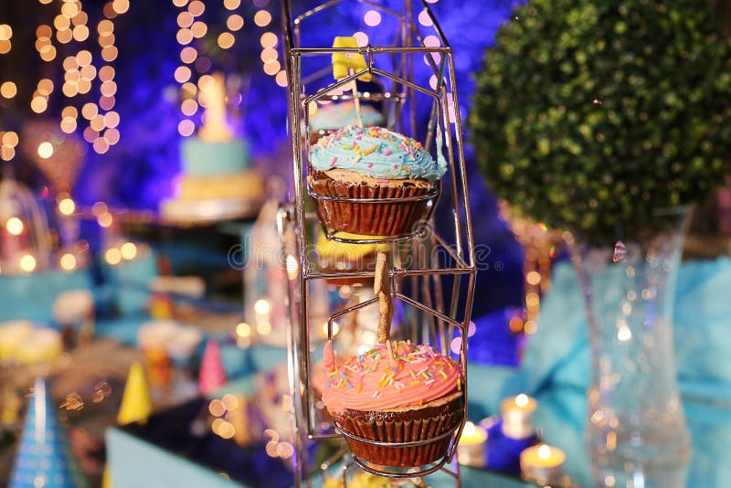Τα γενέθλια cupcake με το πάγωμα σοκολάτας και ψεκάζουν στοκ φωτογραφία Τα γενέθλια cupcake με το πάγωμα σοκολάτας και ψεκάζουν στοκ φωτογραφία