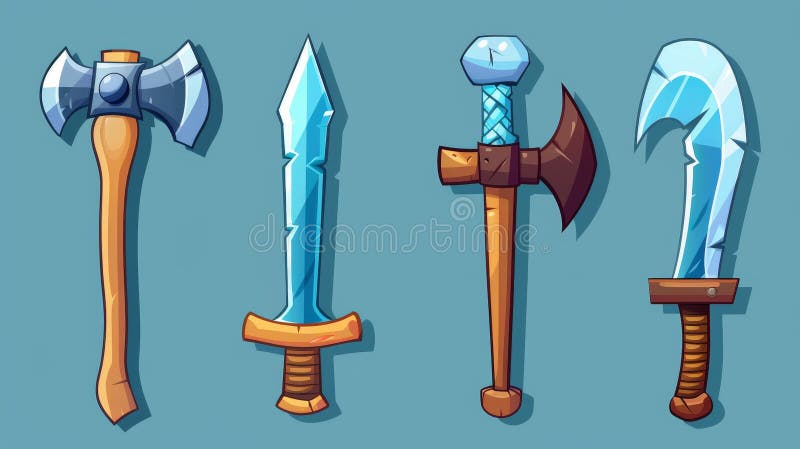 The icons of old viking or knight weapons and miner tools isolated on background are for UI game design.. AI generated. The icons of old viking or knight weapons and miner tools isolated on background are for UI game design.. AI generated