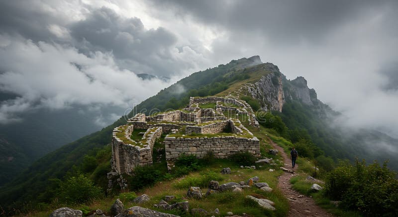 Τα ερείπια ενός πέτρινου φρουρίου βρίσκονται πάνω σε μια ορεινή κορυφή βουνού μέσα σε ένα αχνό διανυσματική απεικόνιση