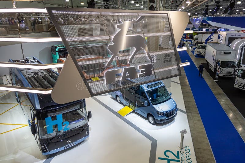 Hydrogen, electric and diesel buses at the GAZ stand at the International Commercial Vehicle Show Comtrans. A wide shot, a view from above. Moscow, Russia - September 7-11, 2021. Hydrogen, electric and diesel buses at the GAZ stand at the International Commercial Vehicle Show Comtrans. A wide shot, a view from above. Moscow, Russia - September 7-11, 2021.