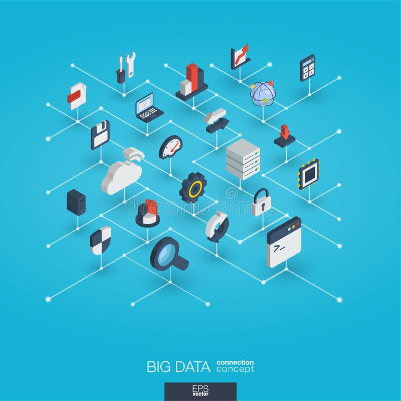 Bigdata integrated 3d web icons. Digital network isometric interact concept. Connected graphic design dot and line system. Abstract background for big data center, research, analysis. Vector Infograph. Bigdata integrated 3d web icons. Digital network isometric interact concept. Connected graphic design dot and line system. Abstract background for big data center, research, analysis. Vector Infograph