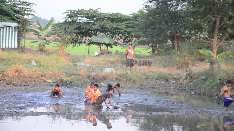 Τα παιδιά πιάνουν τα ψάρια στη λάσπη της λίμνης στην επαρχία Nonthaburi Ταϊλάνδη