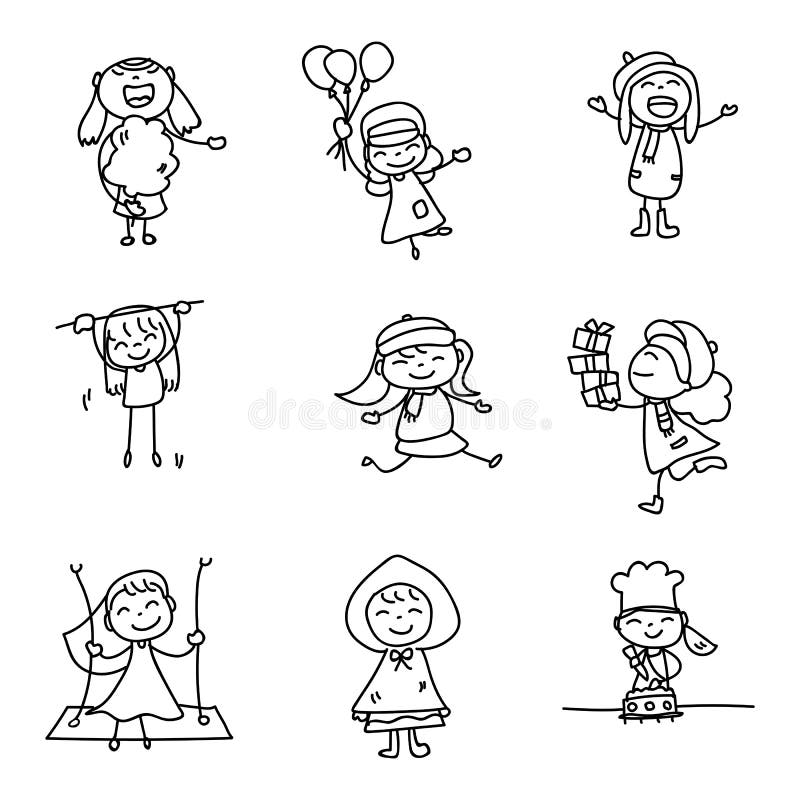 Children illustration hand drawing vector happy kids girls happiness concept abstract cartoon character doodle design style line art. all object group with white filled. ready to use as clip art. Children illustration hand drawing vector happy kids girls happiness concept abstract cartoon character doodle design style line art. all object group with white filled. ready to use as clip art