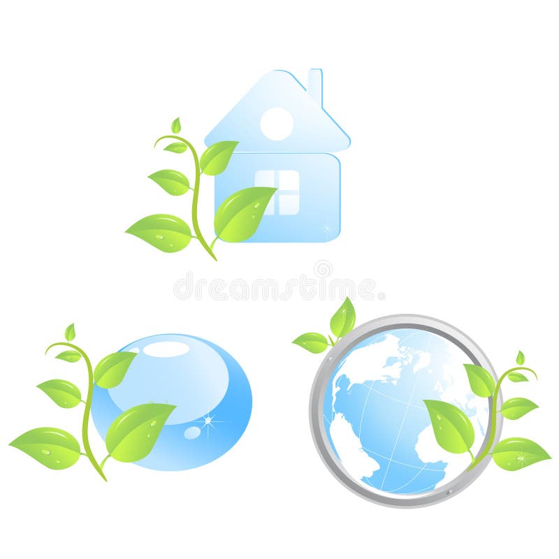 Set of three environmental icons with water drop, house and globe. Set of three environmental icons with water drop, house and globe