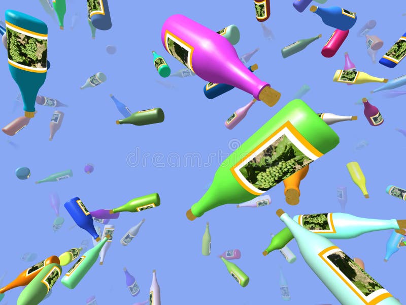 Flying bottles generated 3D with blue background. Flying bottles generated 3D with blue background