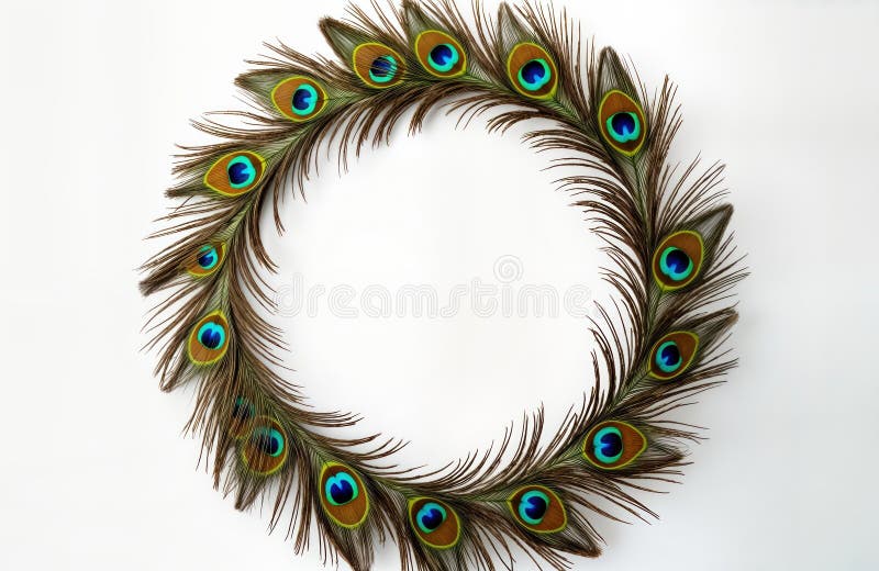 τα φτερά του peacock σχηματίζουν κυκλικό πλαίσιο έναντι λευκού φόντου. . απεικόνιση αποθεμάτων