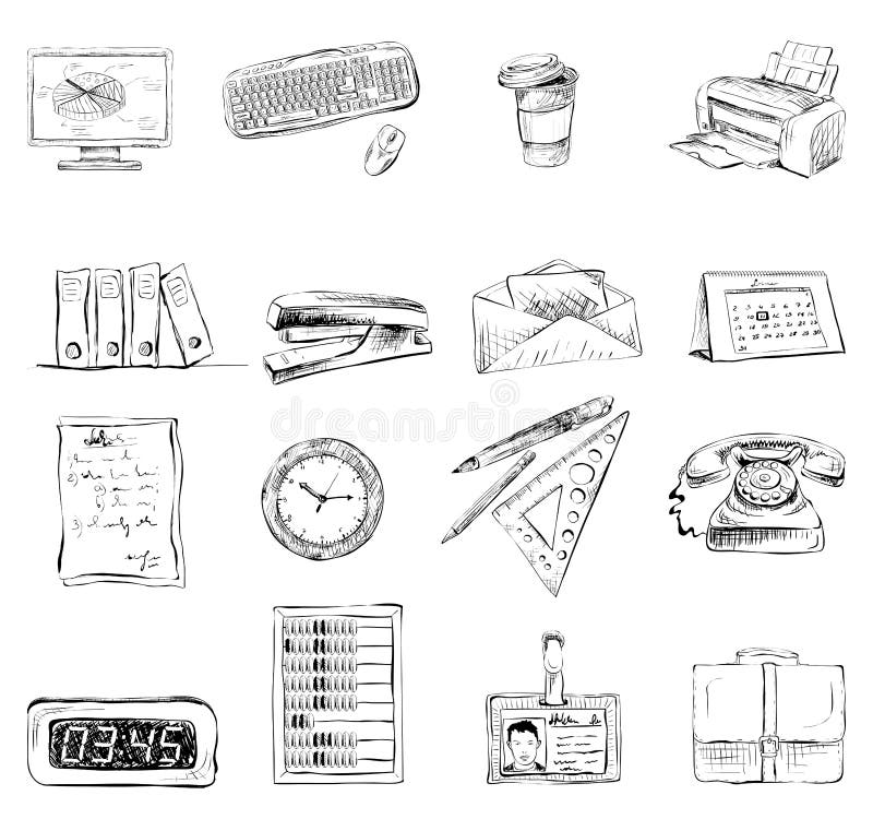 Business office stationery supplies icons set of computer keyboard printer and phone isolated sketch vector illustration. Business office stationery supplies icons set of computer keyboard printer and phone isolated sketch vector illustration