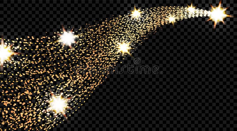 Gold waves with a glitter effect on a checkered background. Comet with a luminous tail and stars. Vector illustration. Gold waves with a glitter effect on a checkered background. Comet with a luminous tail and stars. Vector illustration