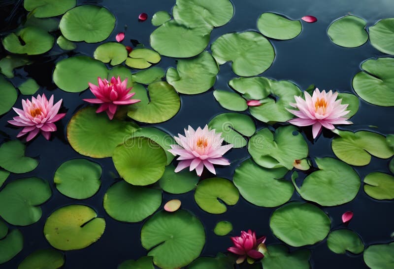 An AI generated illustration of Pink water lilies among green lilies in a pond. An AI generated illustration of Pink water lilies among green lilies in a pond