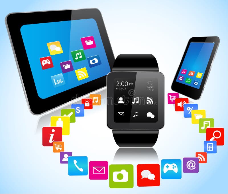Ταμπλέτα smartphone Smartwatch και apps διανυσματική απεικόνιση