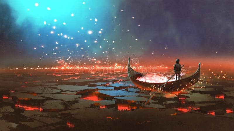 Fantasy world scenery showing a boy rowing a boat in the land of volcanic, digital art style, illustration painting. Fantasy world scenery showing a boy rowing a boat in the land of volcanic, digital art style, illustration painting