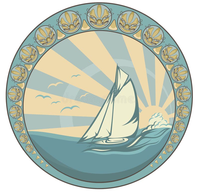Retro style sea voyage vector design - sailing yacht circle label. Retro style sea voyage vector design - sailing yacht circle label