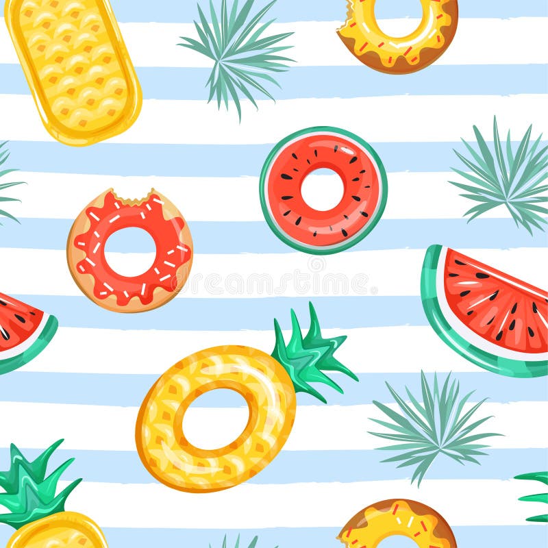 Seamless pattern with various inflatable swimming pool rings in the shape of pineapple, watermelon, and donut. Trendy texture for textile, wrapping paper, scrapbooking, packaging etc. Vector illustration on striped background. Seamless pattern with various inflatable swimming pool rings in the shape of pineapple, watermelon, and donut. Trendy texture for textile, wrapping paper, scrapbooking, packaging etc. Vector illustration on striped background.