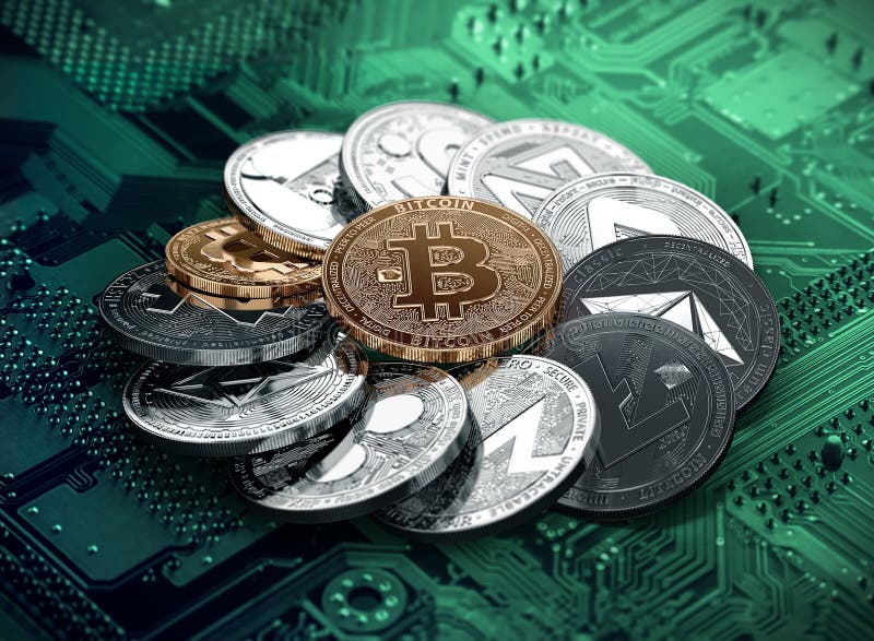Τεράστιος σωρός των cryptocurrencies σε έναν κύκλο με ένα χρυσό bitcoin στη μέση διανυσματική απεικόνιση Τεράστιος σωρός των cryptocurrencies σε έναν κύκλο με ένα χρυσό bitcoin στη μέση διανυσματική απεικόνιση