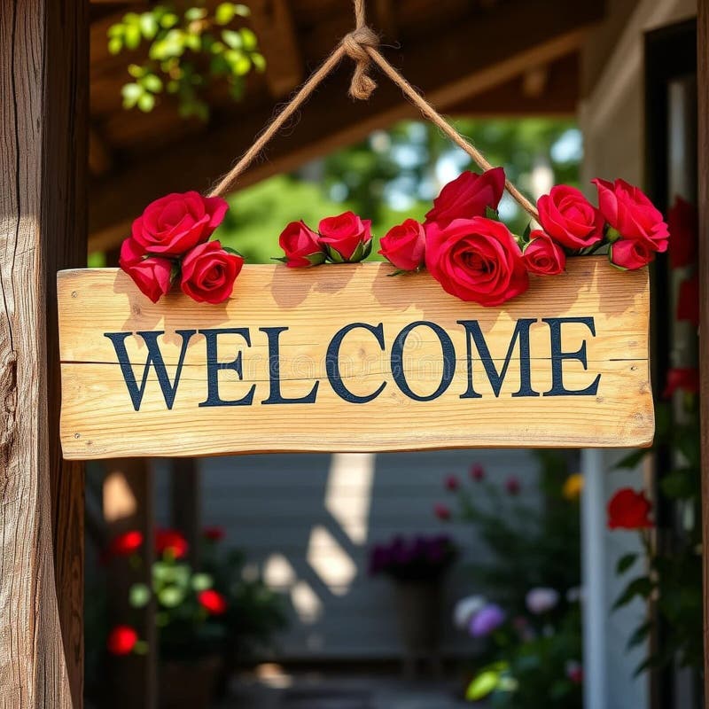Τεχνητό ξύλινο σήμα WELCOME με έντονα μαύρα γράμματα, διακοσμημένο με μια σειρά από ζωντανά κόκκινα τριαντάφυλλα στην κορυφή. στοκ φωτογραφία με δικαίωμα ελεύθερης χρήσης