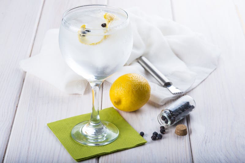Τζιν και τονωτικό σε ένα γυαλί highball στοκ εικόνες Τζιν και τονωτικό σε ένα γυαλί highball στοκ εικόνες
