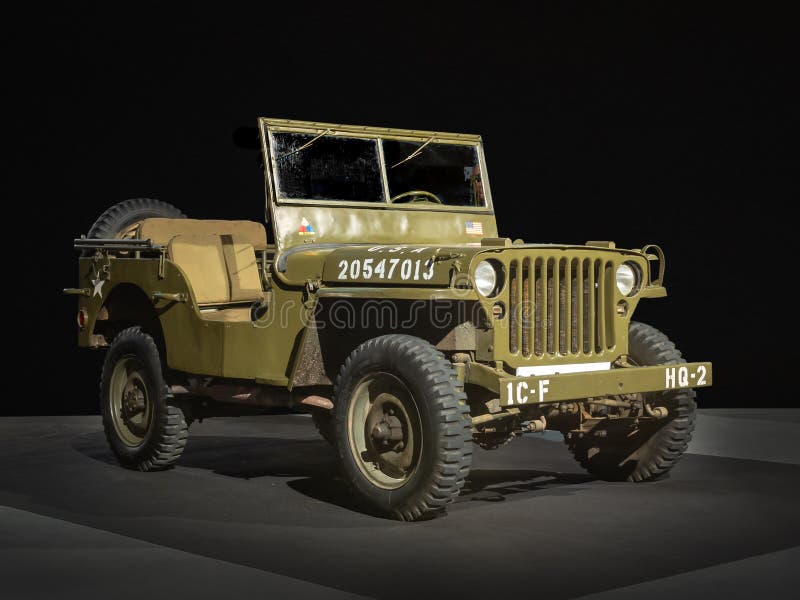 BARCELONA, SPAIN-MAY 11, 2019: 1943 Willys MB Jeep at the 100 years of the Automobile Exhibition. BARCELONA, SPAIN-MAY 11, 2019: 1943 Willys MB Jeep at the 100 years of the Automobile Exhibition