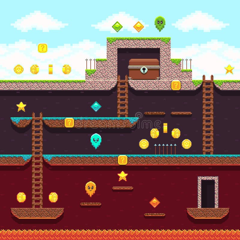 Computer 8 bit pixel video game. Platform and arcade game vector design. Game with layer and stairs illustration. Computer 8 bit pixel video game. Platform and arcade game vector design. Game with layer and stairs illustration