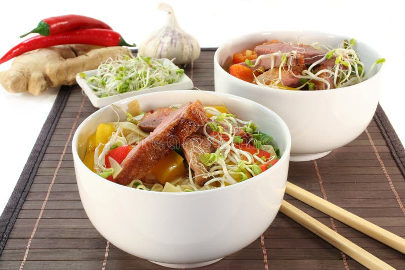 τηγανισμένα πάπια noodles στηθών στοκ εικόνα