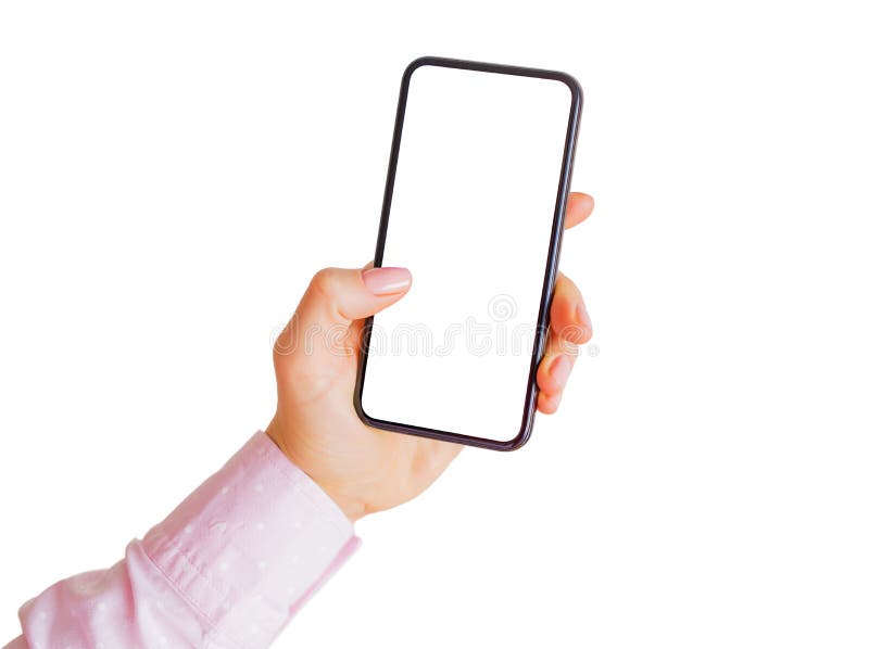 Woman holding phone with empty white touchscreen. Mobile app mockup. Woman holding phone with empty white touchscreen. Mobile app mockup.