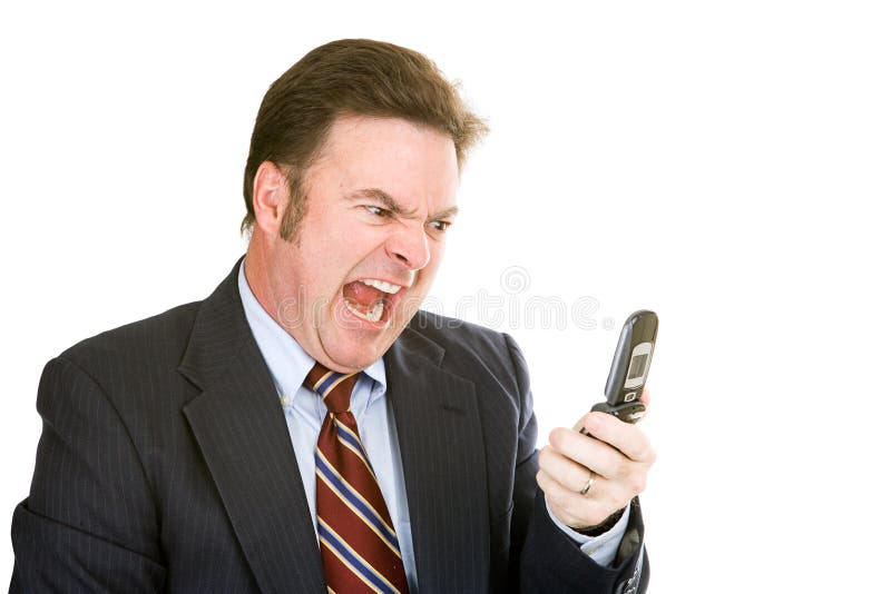 Angry businessman yelling into his cellphone. Isolated on white. Angry businessman yelling into his cellphone. Isolated on white.