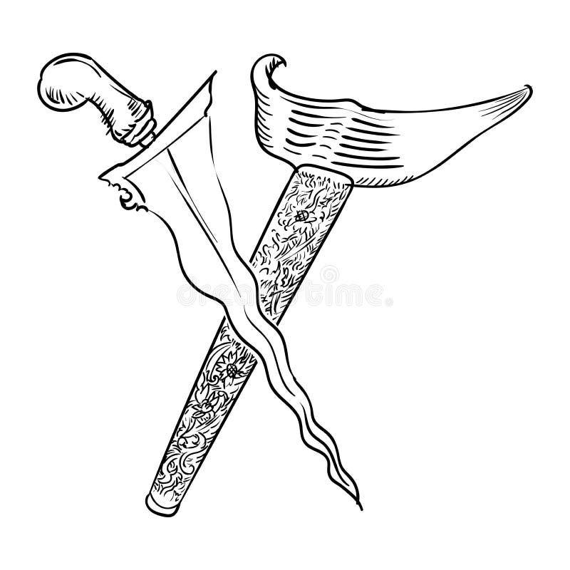 Malay Dagger or Keris Hand drawn for coloring book, isolated on white background - Vector Illustration. Malay Dagger or Keris Hand drawn for coloring book, isolated on white background - Vector Illustration.