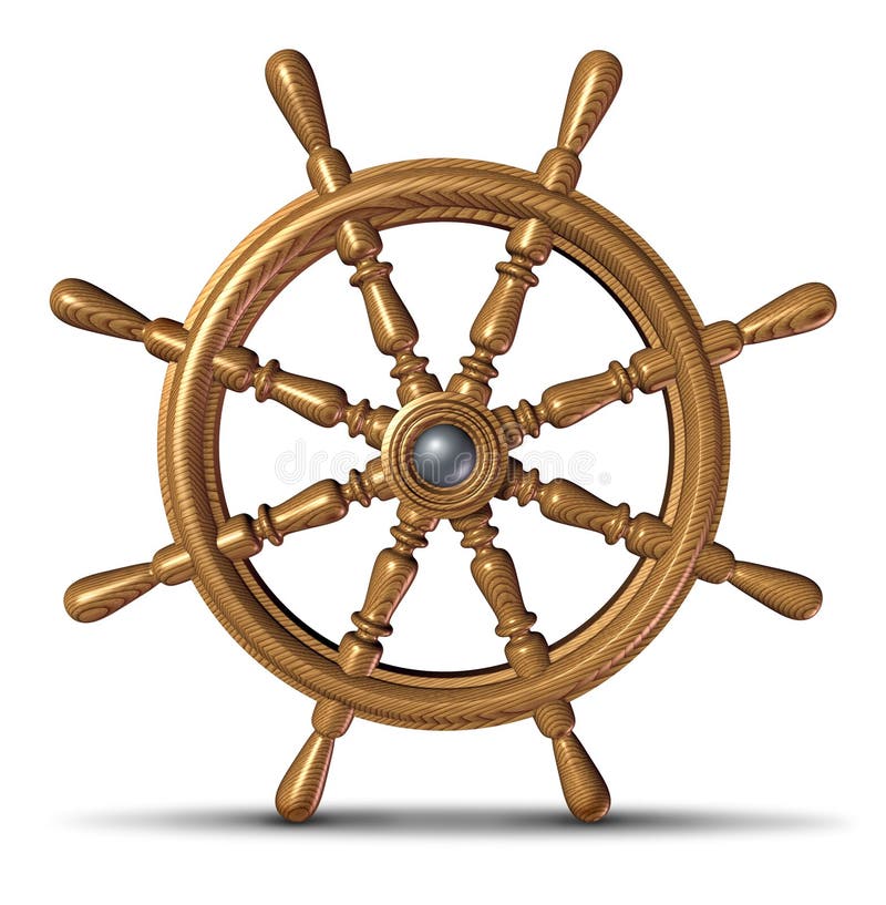 Boat and ship steering wheel as a nautical control symbol of direction and guidance by a boating captain or director on a yacht or ocean water vessel leading the vessel to safe waters. Boat and ship steering wheel as a nautical control symbol of direction and guidance by a boating captain or director on a yacht or ocean water vessel leading the vessel to safe waters.