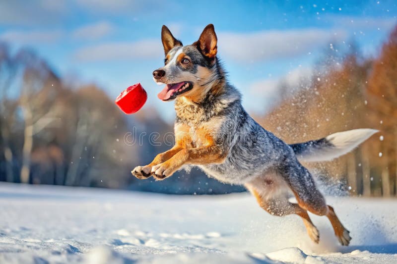 Το Blue Heeler Dog απολαμβάνει ένα Frosty Frisbee Fetch Game in a Winter Wonland Χιονισμένο Τοπίο παρέχει απεικόνιση αποθεμάτων