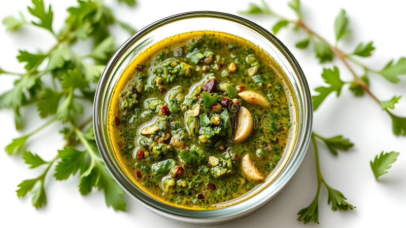 Το Chimichurri βρίσκεται σε γυάλινο μπολ σε λευκό φόντο ελεύθερη απεικόνιση δικαιώματος