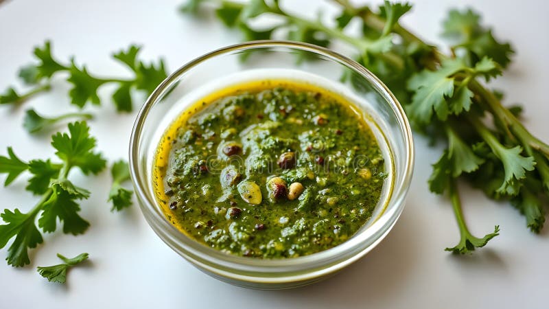 Το Chimichurri βρίσκεται σε γυάλινο μπολ σε λευκό φόντο ελεύθερη απεικόνιση δικαιώματος