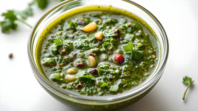 Το Chimichurri βρίσκεται σε γυάλινο μπολ σε λευκό φόντο διανυσματική απεικόνιση